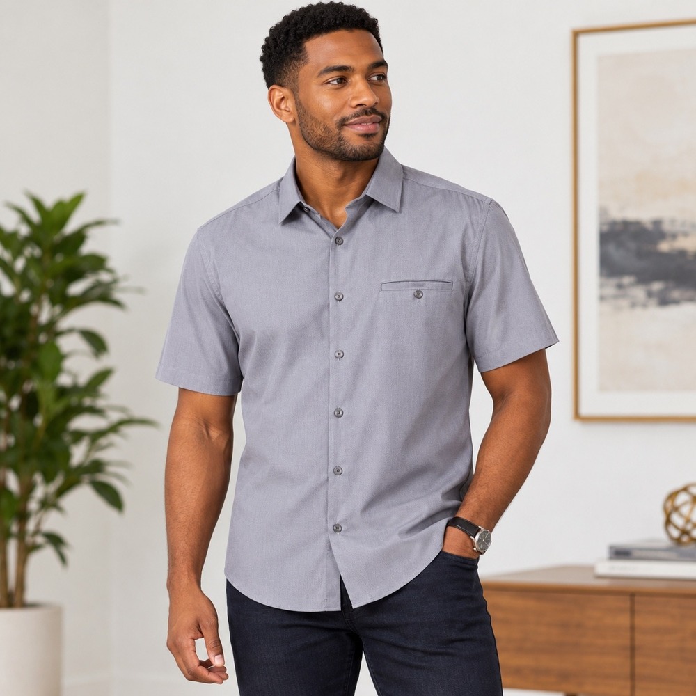 Alfani Mens SS Stretch Button Down Shirt New‎ Grey Short Sleeve 100013312B Small